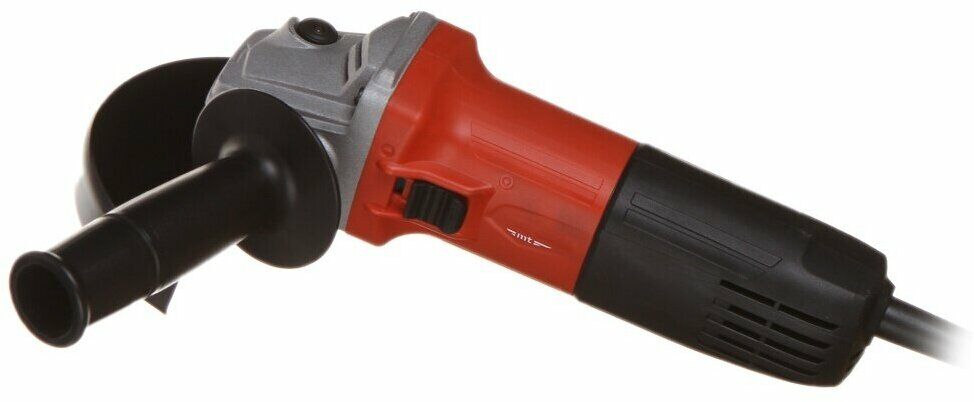 Красно-черная угловая шлифовальная машина с вентиляционными отверстиями, дополнительной рукояткой и защитным кожухом для диска