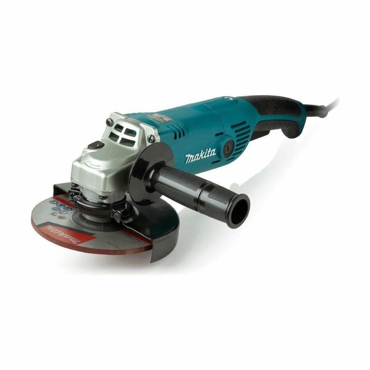 Углошлифовальная машина Makita бирюзового цвета с пластиковой ручкой, боковой рукояткой и защитным кожухом, установленным абразивным кругом Drywall