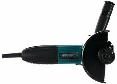 Электрическая углошлифовальная машина с боковой рукояткой, защитным кожухом и сетевым кабелем в черно-бирюзовом дизайне