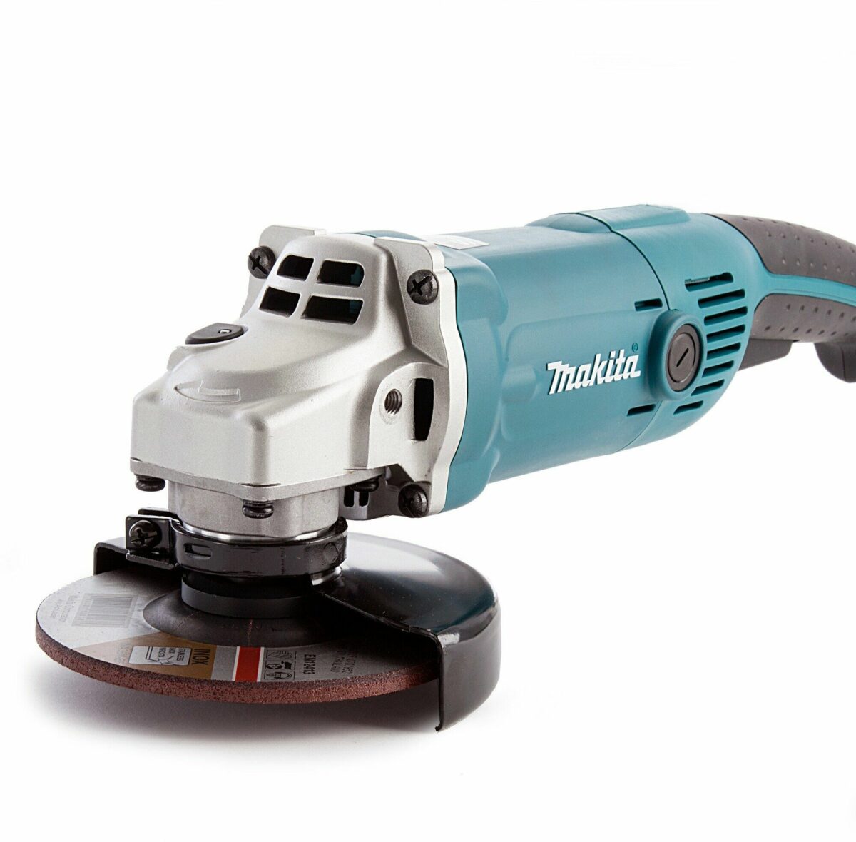 Электроинструмент Makita с голубым корпусом и серой головкой, оснащенный защитным кожухом и прорезиненной рукояткой