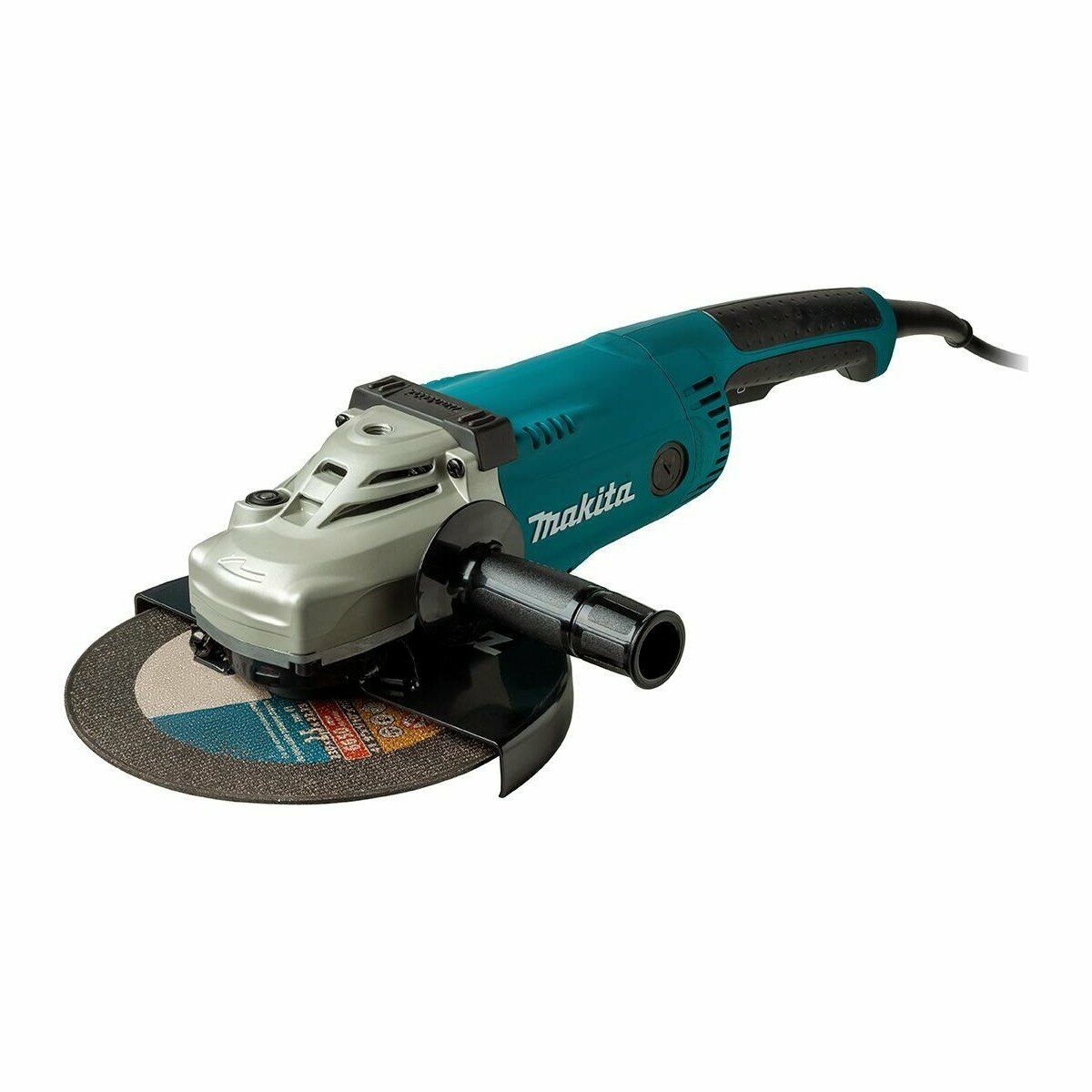Шлифовальная машина Makita с бирюзовым корпусом, установленным защитным кожухом и стандартным диском, удобная и надежная в эксплуатации