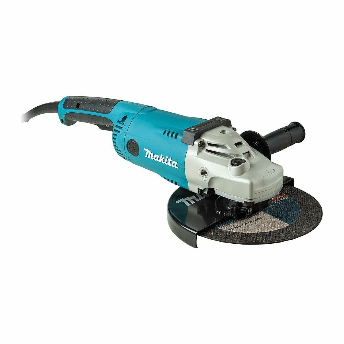 Угловая шлифовальная машина Makita с синим корпусом, черно-серой передней частью, защитным кожухом и шнуром питания