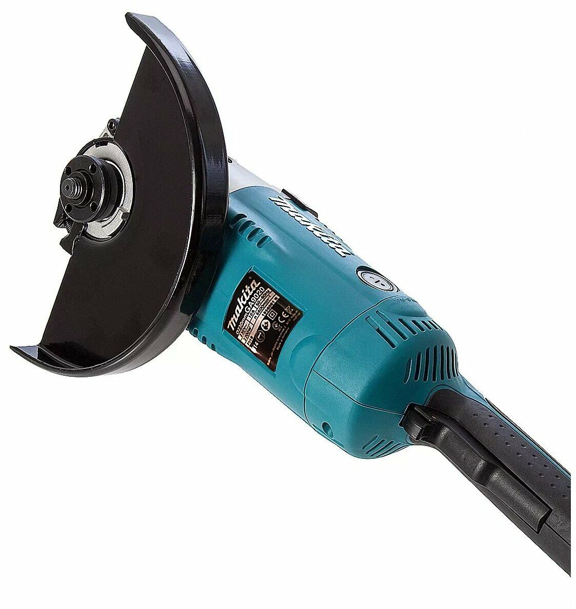 Угловая шлифовальная машина Makita GA9020, мощностью 2200 Вт и диаметром диска до 230 мм, с бирюзово-черным корпусом и стандартами безопасности CE