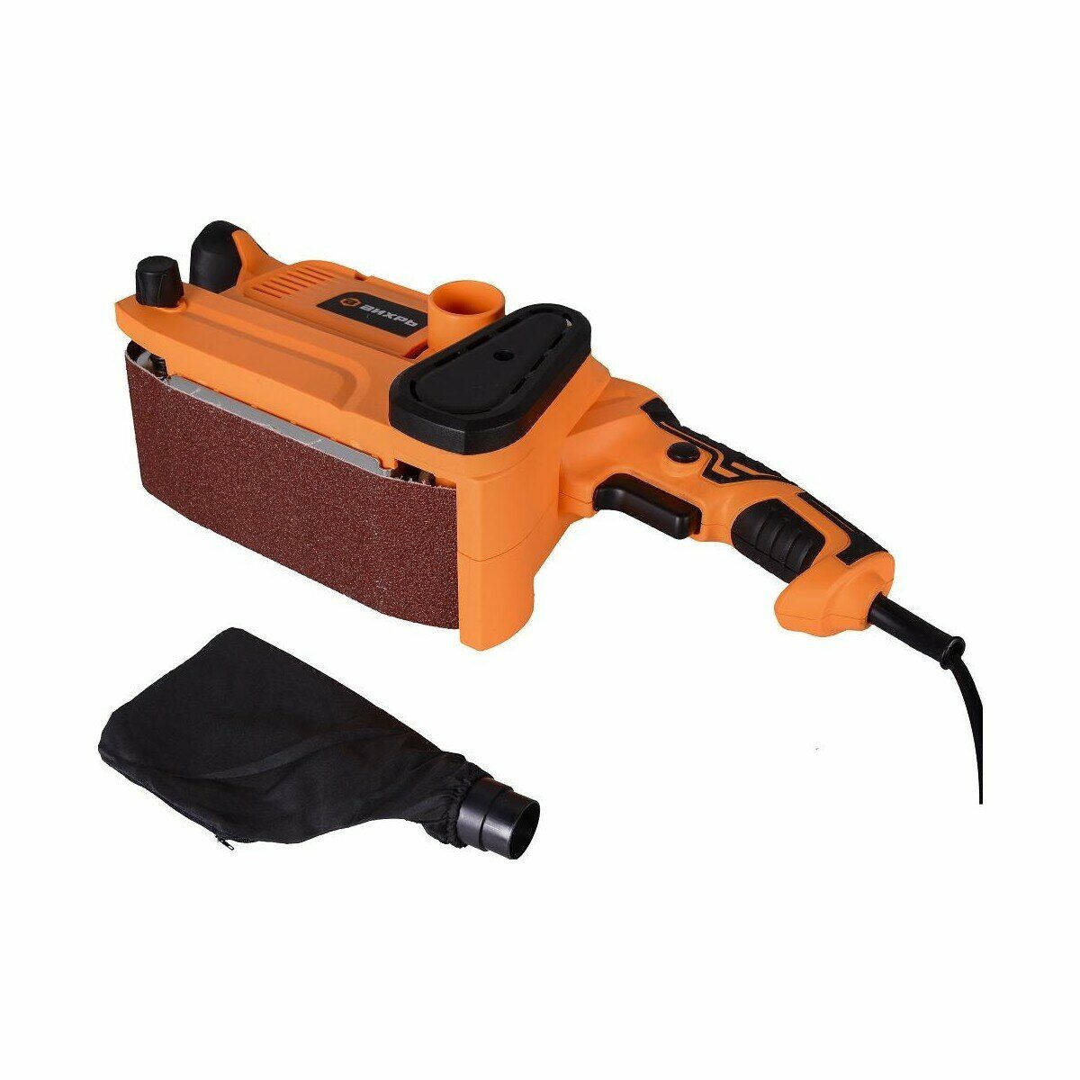 Оранжевый ленточный шлифовальный станок Батыр с черными элементами и мешком для сбора пыли