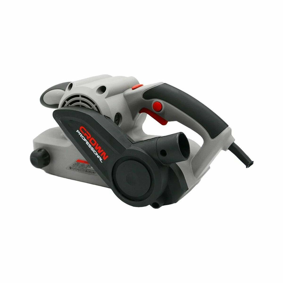 Электрический ручной рубанок Crown Professional, серый корпус с черными и красными элементами, удобная ручка с кнопкой включения и системой удаления стружки