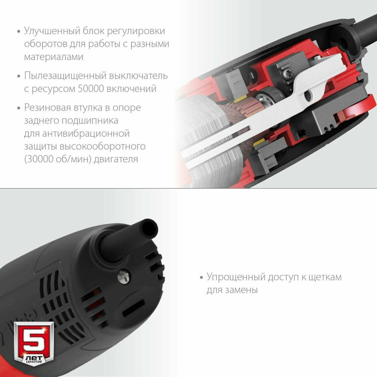 Электрический инструмент с пылезащищённым выключателем, регулировкой оборотов и улучшенной антивибрационной защитой
