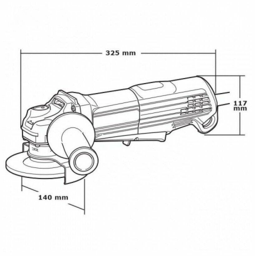 Схематическое изображение угловой шлифовальной машины с длиной 325 мм, шириной 117 мм и диаметром шлифовального круга 140 мм