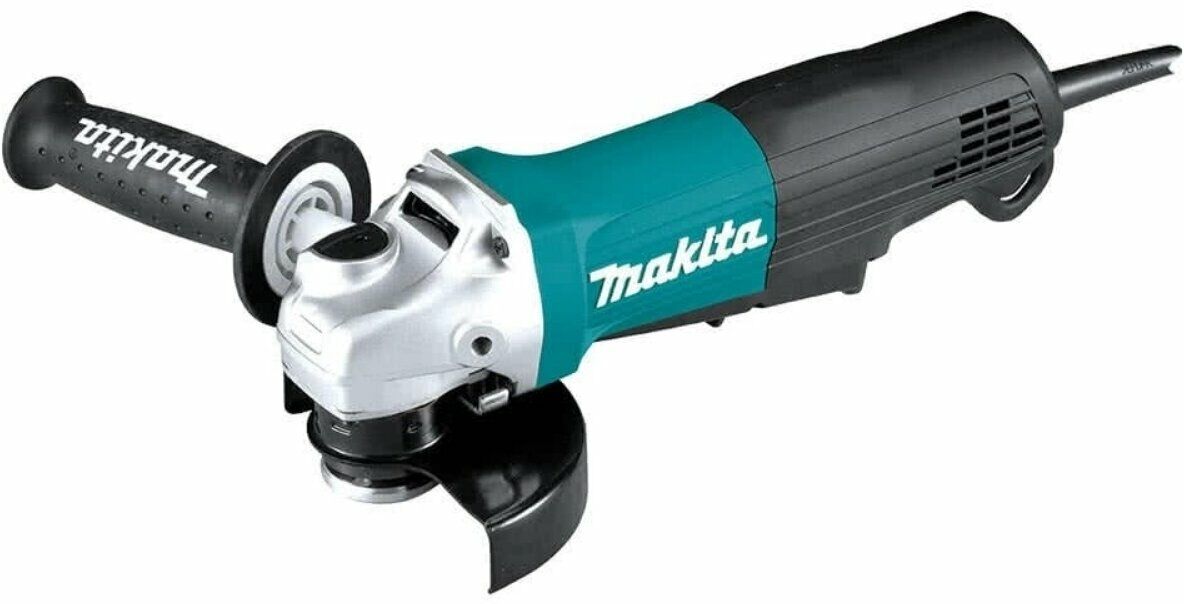 Угловая шлифовальная машина Makita с боковой рукояткой и защитным кожухом, выполненная в чёрно-бирюзовой цветовой гамме