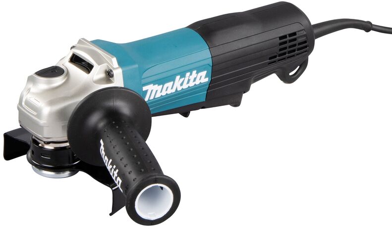 Электрическая углошлифовальная машина Makita в черно-бирюзовом корпусе с защитным кожухом и вентиляционными отверстиями