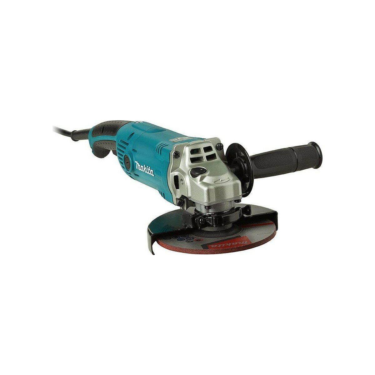Электрическая углошлифовальная машина Makita с синего цвета корпусом, боковой рукояткой и установленным защитным кожухом