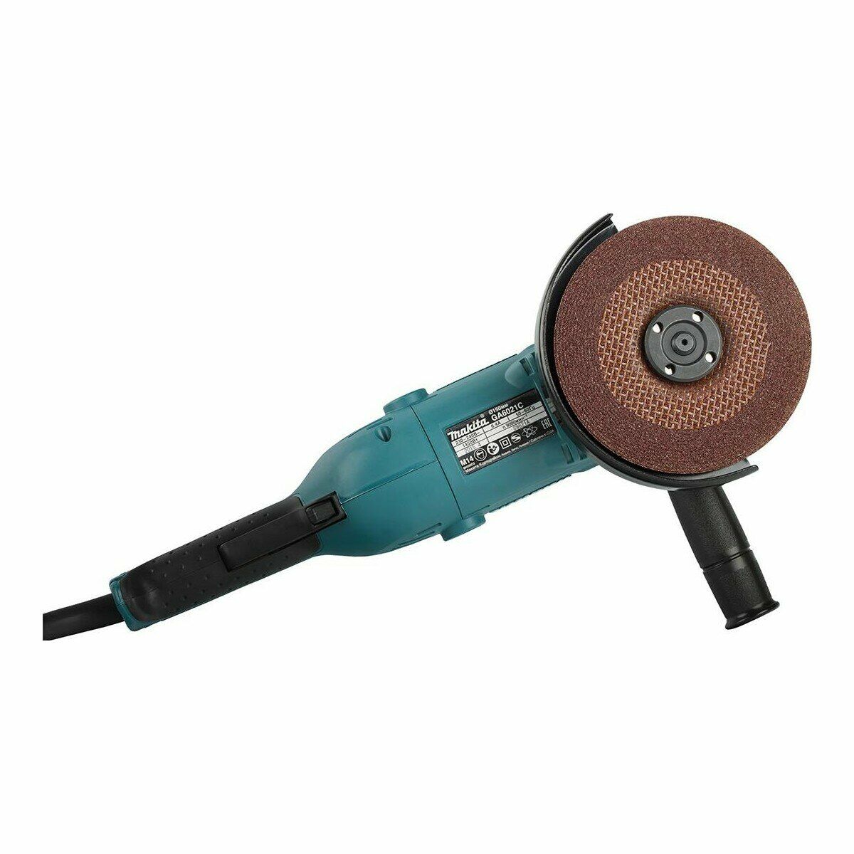 Электрическая углошлифовальная машина Makita GA9020 с зеленым корпусом, черным защитным кожухом и абразивным диском в комплекте