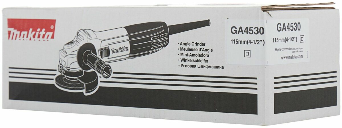 Упаковка углошлифовальной машины Makita GA4530 на 115 мм — инструмент японской компании Makita, произведенный в Румынии