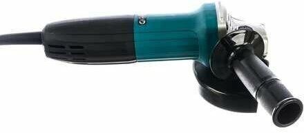 Болгарка с корпусом синего и черного цветов и боковой ручкой для удобного использования