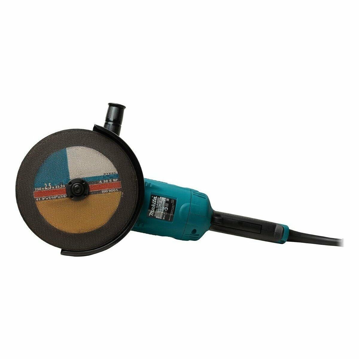 Угловая шлифовальная машина Makita синего цвета с установленным абразивным диском диаметром 230 мм, соответствующим стандарту ISO 9001.