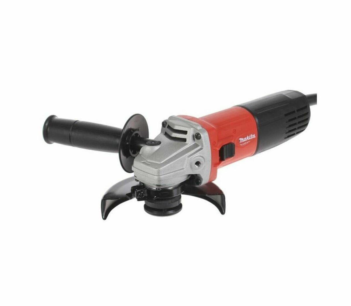 Красная болгарка Makita с защитным кожухом и боковой черной рукояткой