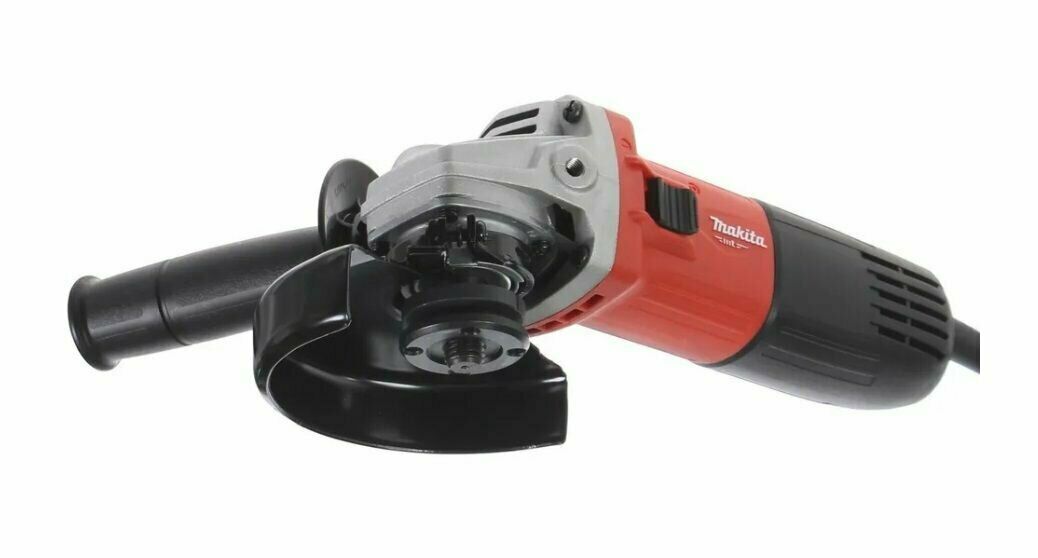 Красно-черная углошлифовальная машина Makita с кнопкой включения и боковой рукояткой