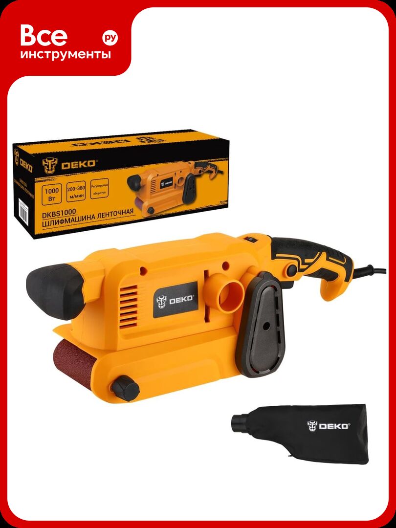 Ленточная шлифовальная машина DEKO DKBS1000 мощностью 1000 Вт со скоростью ленты 200–380 м/мин и пылесборником