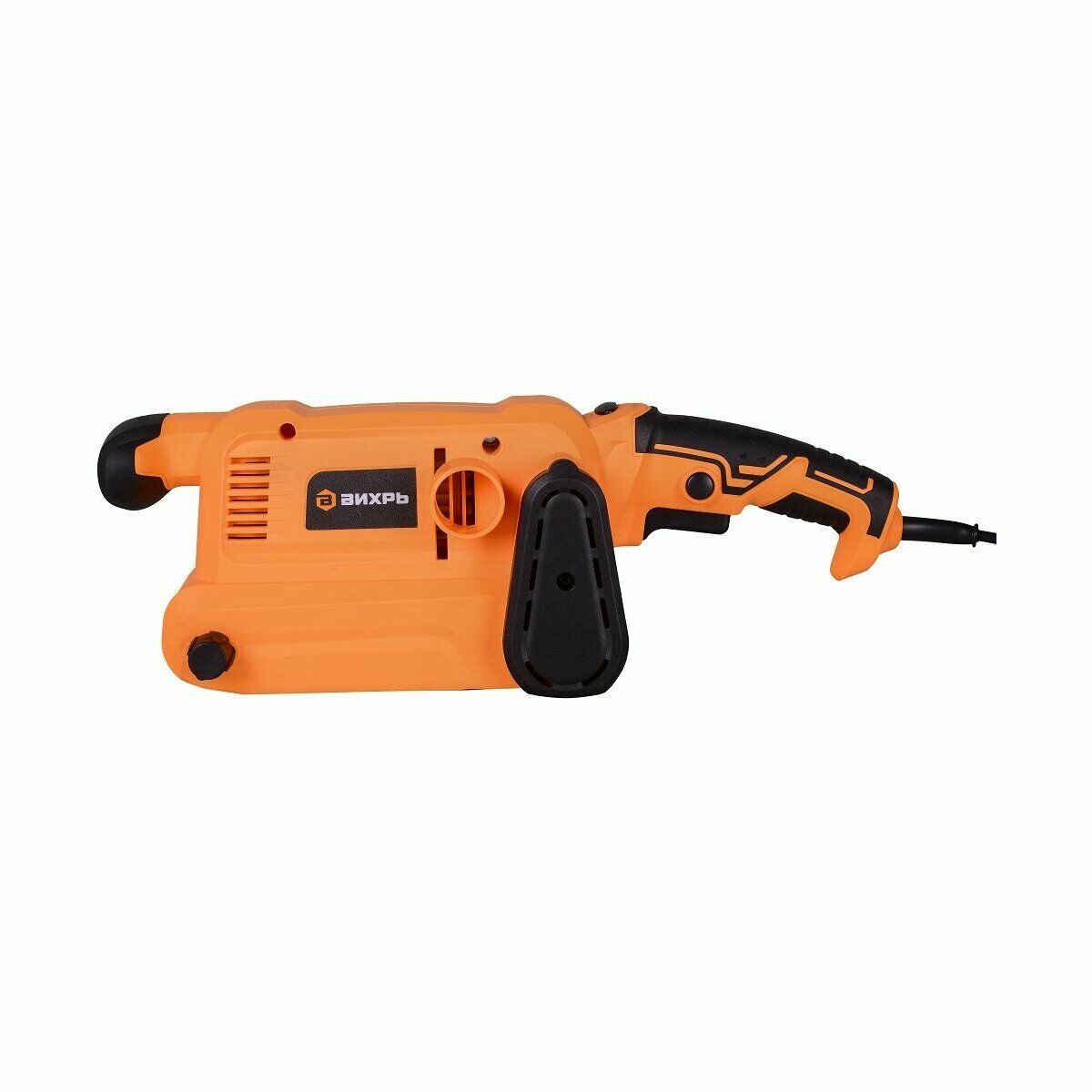 Ленточная шлифовальная машина Вихрь ярко-оранжевого цвета с эргономичными рукоятками и вентиляционными отверстиями