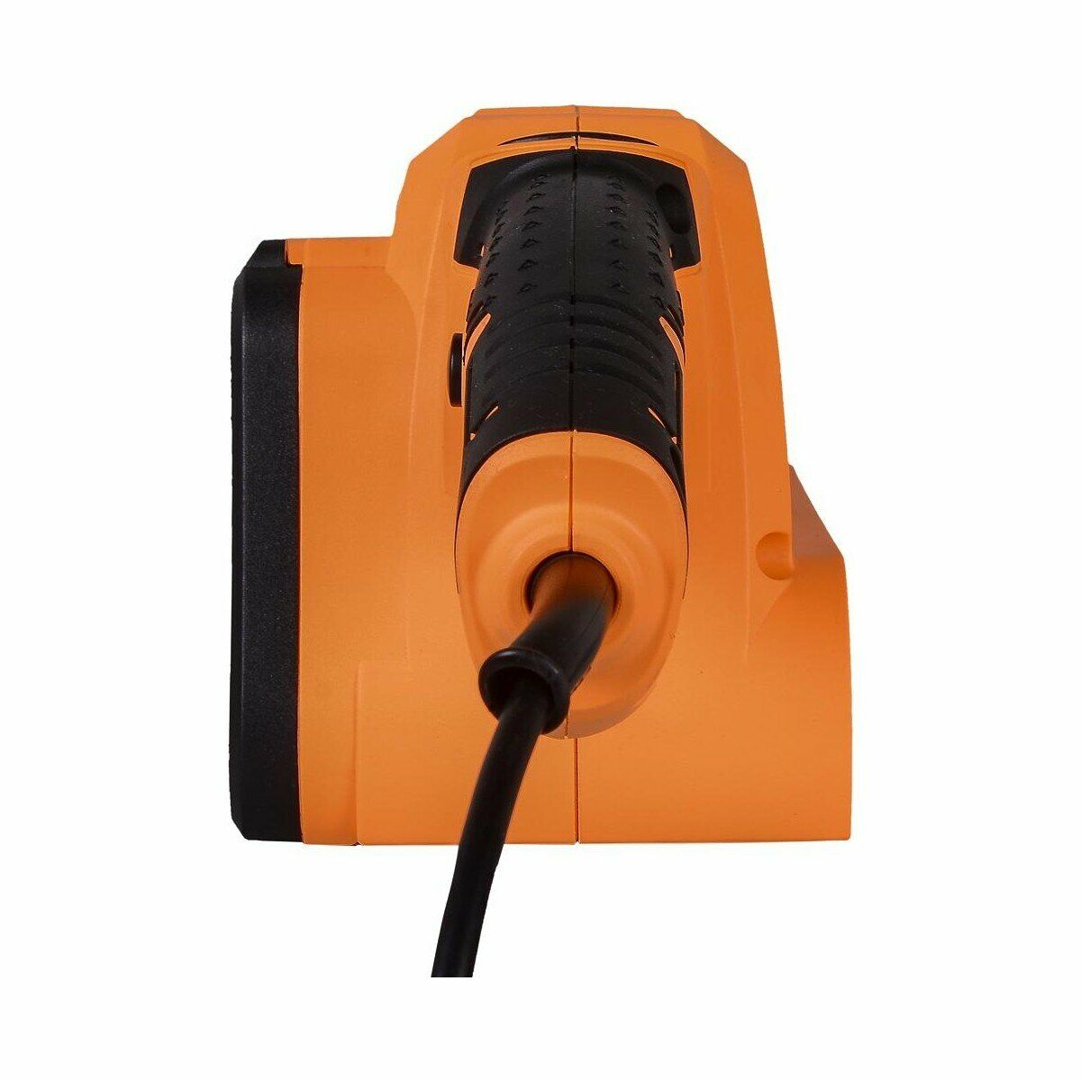 Инструмент с оранжевым пластиковым корпусом, черной прорезиненной рукояткой и подключенным кабелем