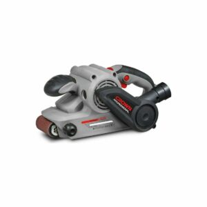 Ленточная шлифовальная машина Crown Professional с маркировкой CE, серый корпус с чёрными элементами и эргономичными ручками
