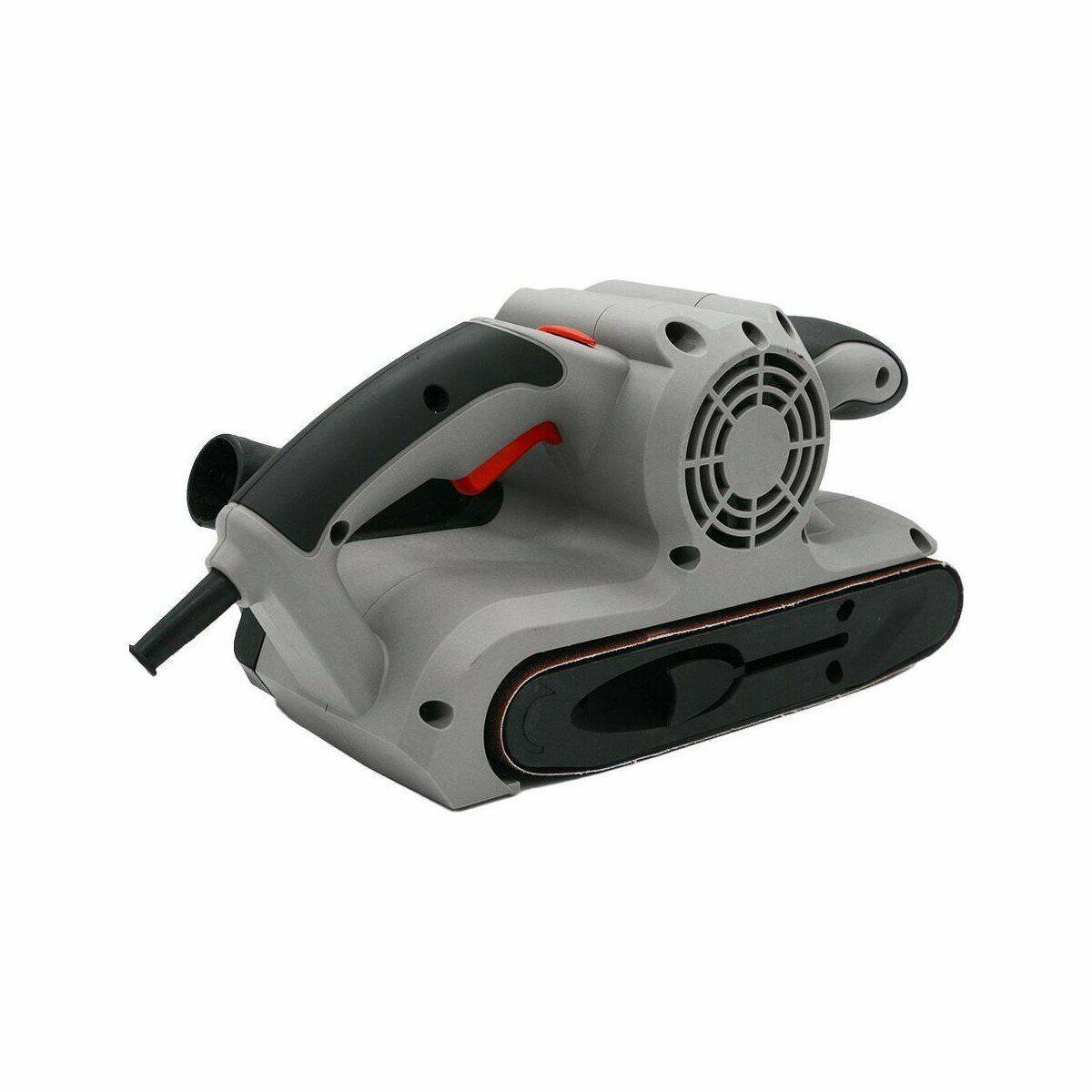 Серый корпус ленточной шлифовальной машины с черными и красными акцентами, горизонтальная шлифовальная лента, вентилятор и подключение к системе пылеудаления