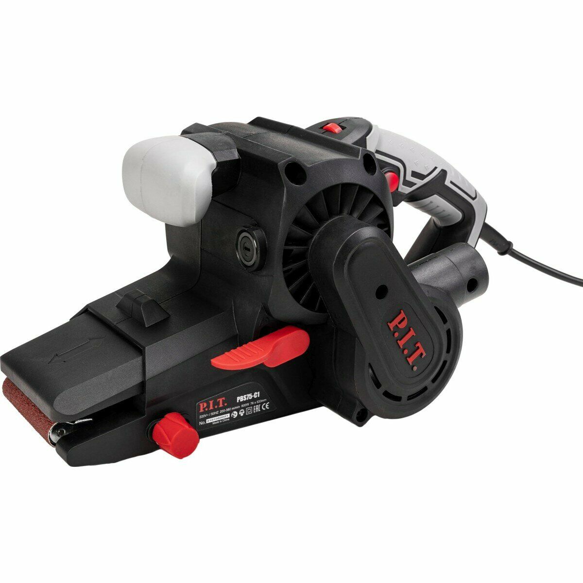 Ленточный шлифовальный станок P.I.T. PBS75-C1 с удобной рукояткой и стильным черно-красным дизайном