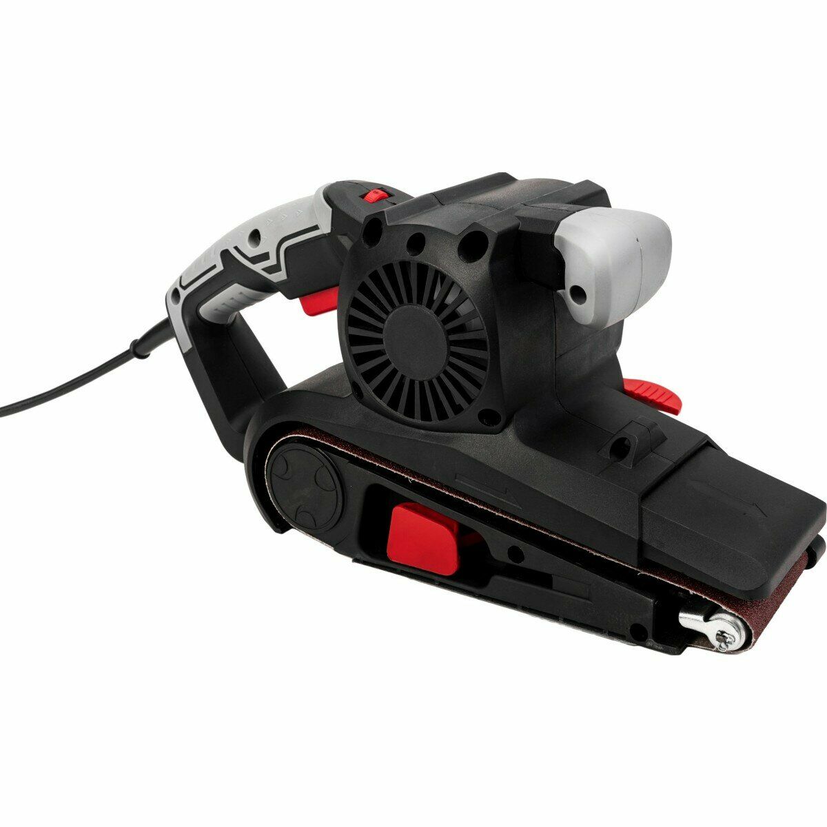 Ленточная шлифовальная машина с электрическим приводом, прорезиненной ручкой и вентиляцией на корпусе