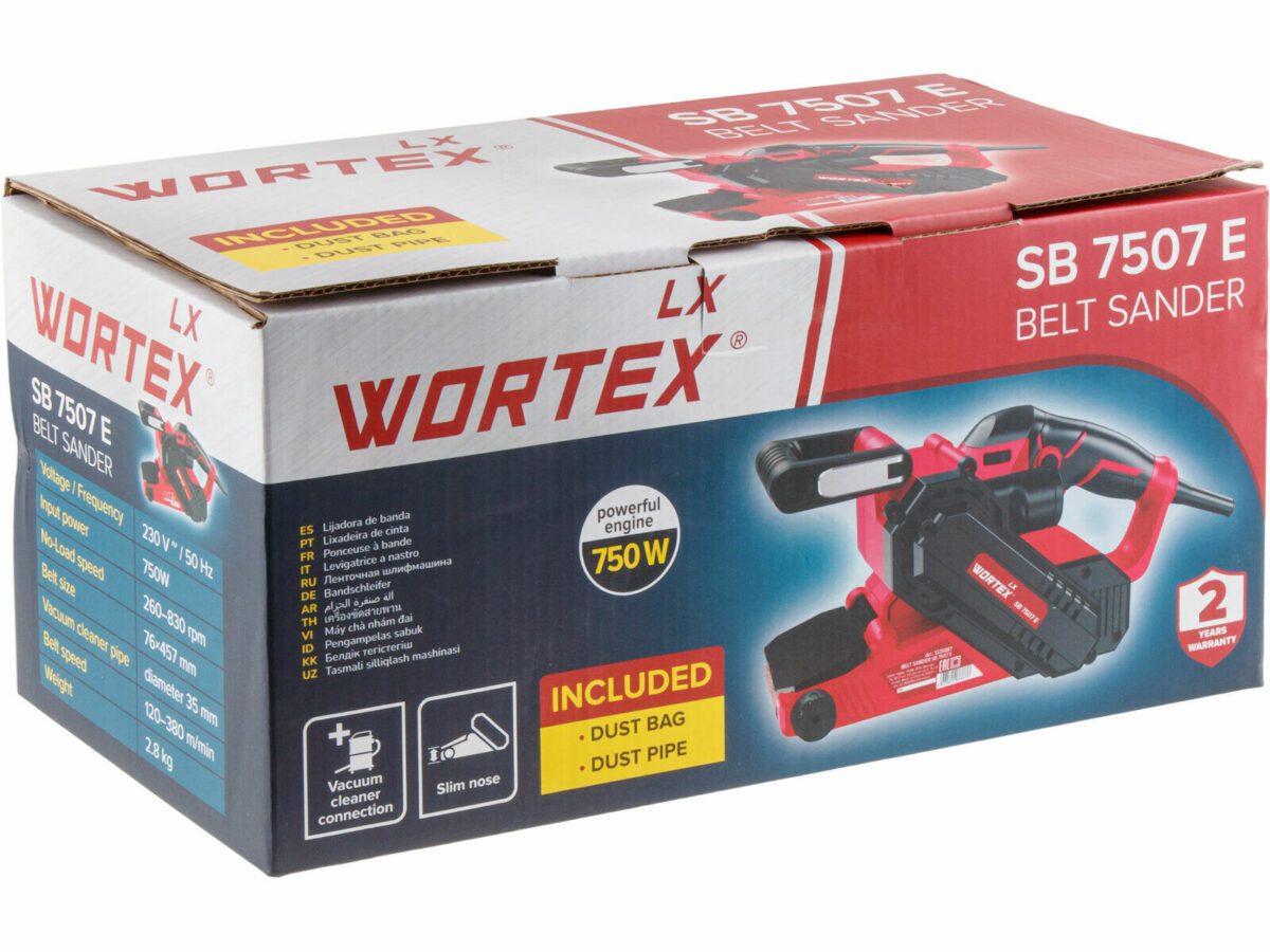 Коробка с ленточной шлифовальной машиной Wortex SB 7507 E с мощностью 750 Вт, узким носом и возможностью подключения к пылесосу