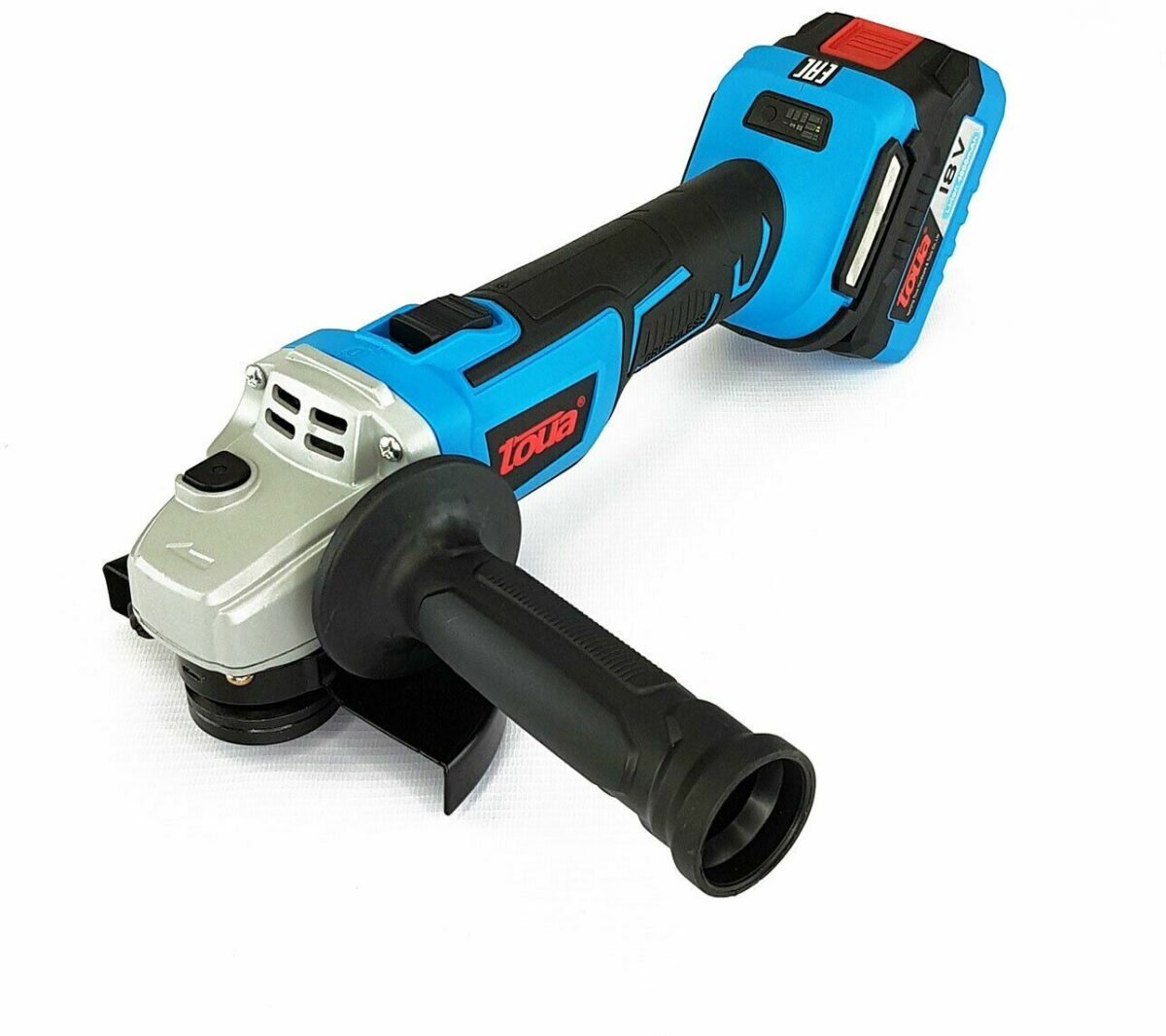 Угловая шлифовальная машинка Total 18V синего цвета с черной ручкой и индикатором заряда батареи