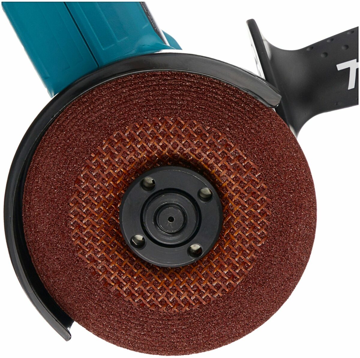 Синий корпус шлифовальной машины с установленным шлифовальным диском сетчатой структуры и защитным кожухом