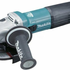 Угловая шлифовальная машина Makita с металлическим корпусом и зелёно-чёрной пластиковой частью, оснащённая дополнительной ручкой и шлифовальным диском