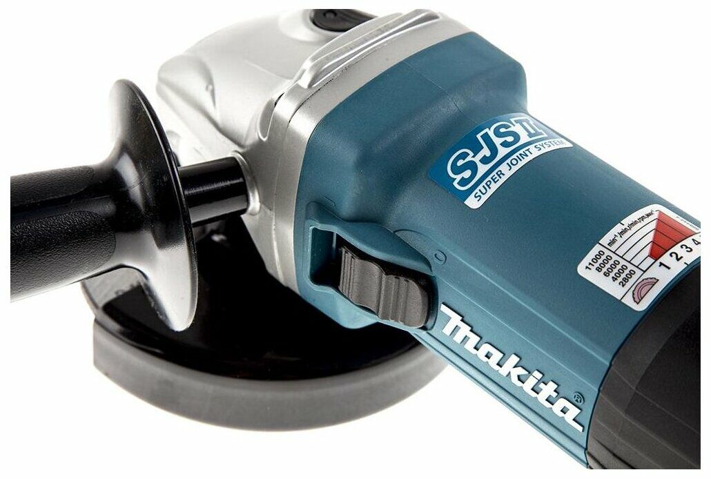 Угловая шлифовальная машина Makita с бирюзовым корпусом, системой SJS и переключателем скорости