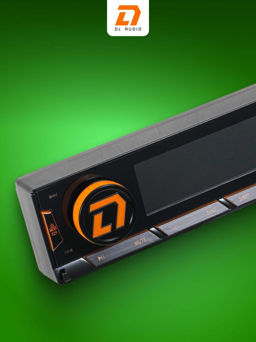 Автомобильная магнитола DL Audio с оранжевой подсветкой, экраном и кнопкой регулировки громкости с логотипом бренда