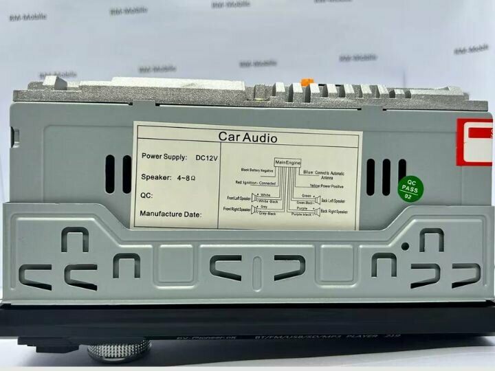 Car Audio проигрыватель, поддержка динамиков 4-8 Ом, питание DC12V, схема подключения проводов и пометка QC PASS 02