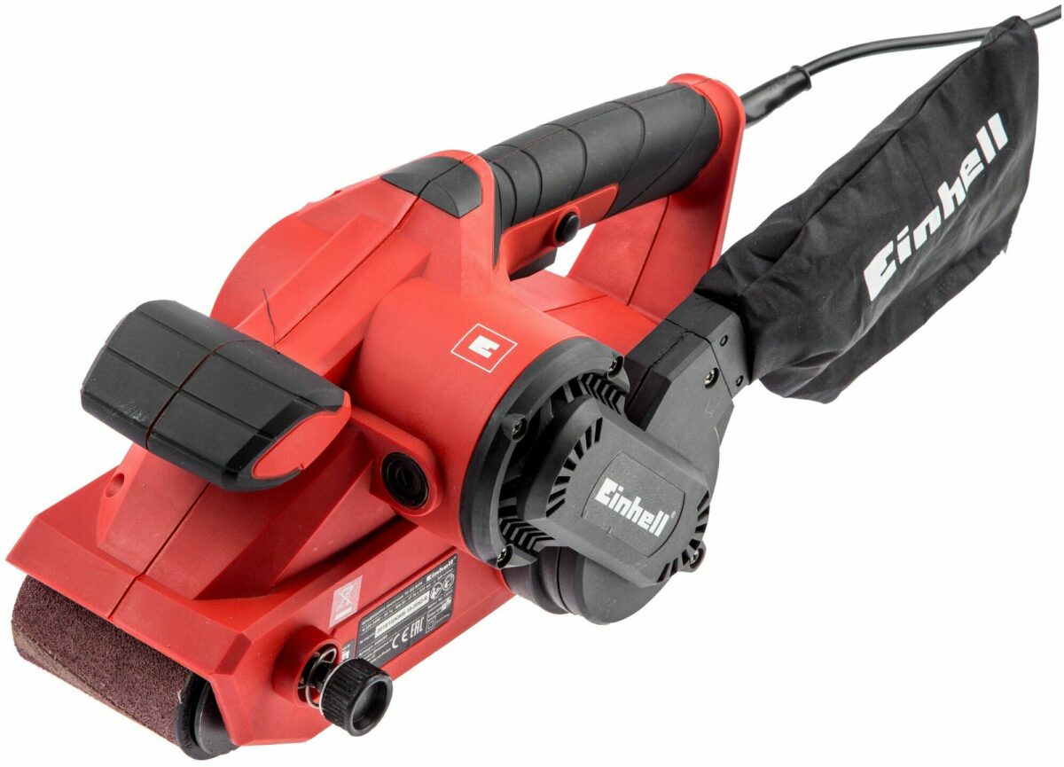 Красный ленточный шлифовальный станок Einhell с черным пылесборником и удобной ручкой для шлифования поверхностей