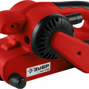 Красная ленточная шлифовальная машина ЗУБР ЗЛШМ-76-950 с эргономичной ручкой и кнопкой управления, вид шлифовальной ленты