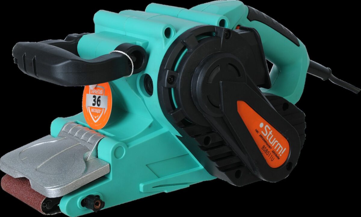 Ленточная шлифовальная машина Sturm BS8511U с эргономичными ручками и бирюзово-черно-оранжевым дизайном