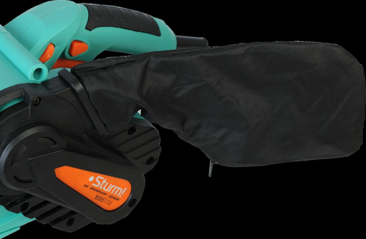 Ленточная шлифовальная машина Sturm! BS8511U с пылесборником, зеленый и черный корпус, эргономичная ручка с оранжевыми акцентами