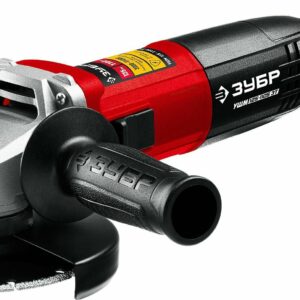 Эргономичная угловая шлифовальная машина ЗУБР УШМ-125-1105 Т с корпусом в красно-черных тонах, мощностью 1100 Вт и диаметром диска 125 мм