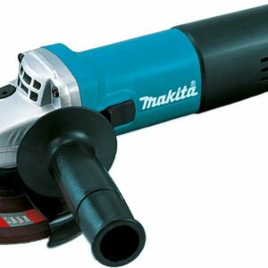 Болгарка Makita с синей и черной окраской, боковой ручкой и красным отрезным диском