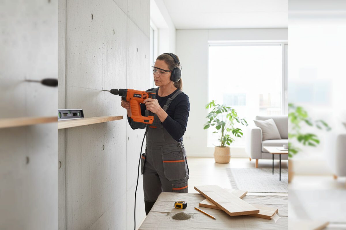 Пользователь использует компактный перфоратор для сверления в стене в домашних условиях.