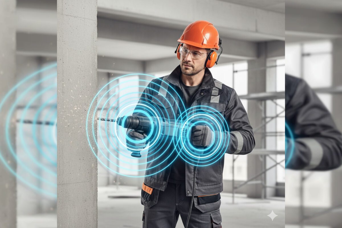 Изображение электрического перфоратора в работе Электрический перфоратор используется для сверления бетонной стены.