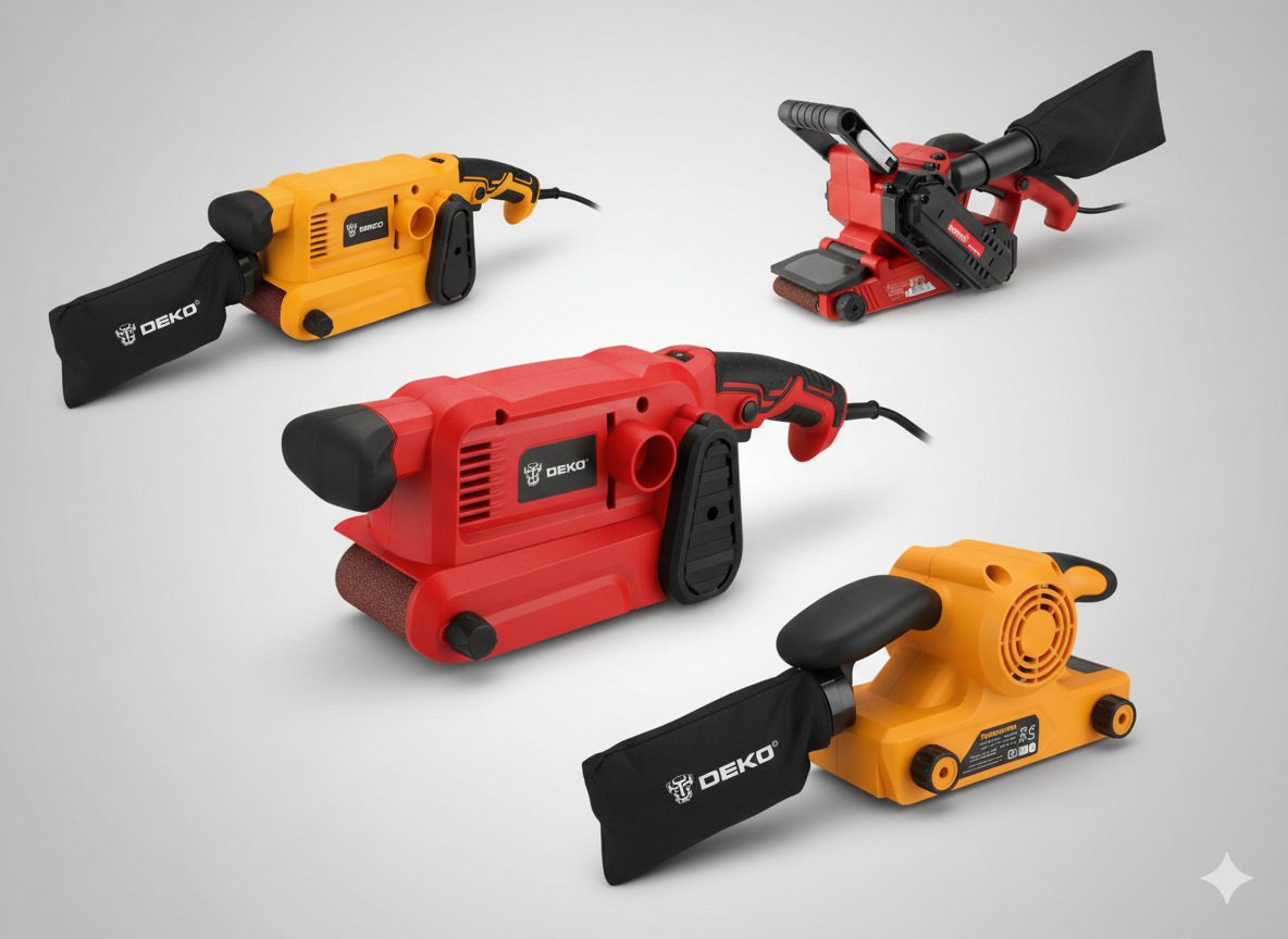 Ленточная шлифмашина, обрабатывающая плоскую деревянную поверхность, с видимой разницей между обработанной и необработанной частью.