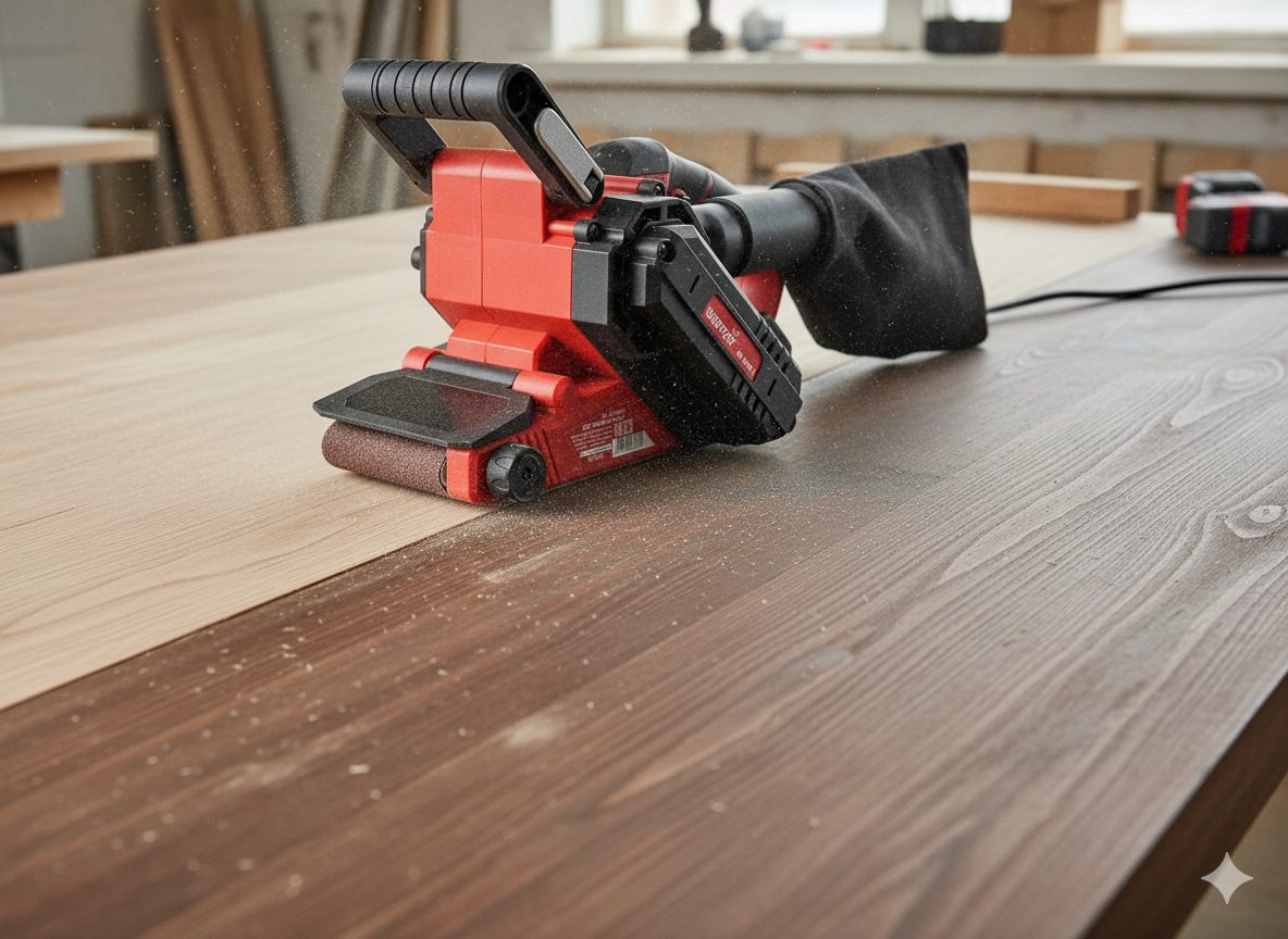 Компактная шлифмашина для узких мест на работе Компактная ленточная шлифовальная машина мощность 900 Вт, шлифующая труднодоступную деревянную поверхность с использованием пылесборника и эргономичной конструкции.