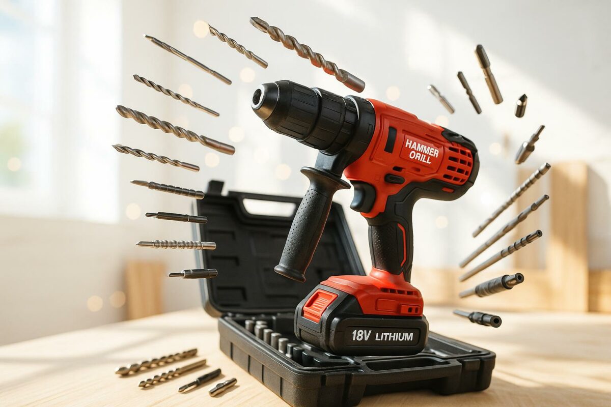 Набор перфораторов с кейсом и аксессуарами на строительной площадке Изображение набора перфораторов с кейсом и аксессуарами, представленных на рабочем месте, с инструментами в процессе использования.