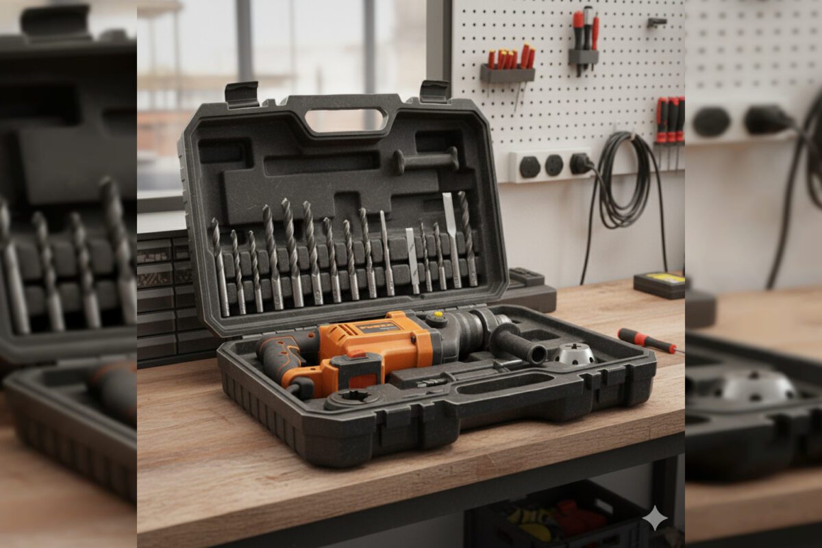 Кейс для перфоратора с аксессуарами на рабочем месте мастера