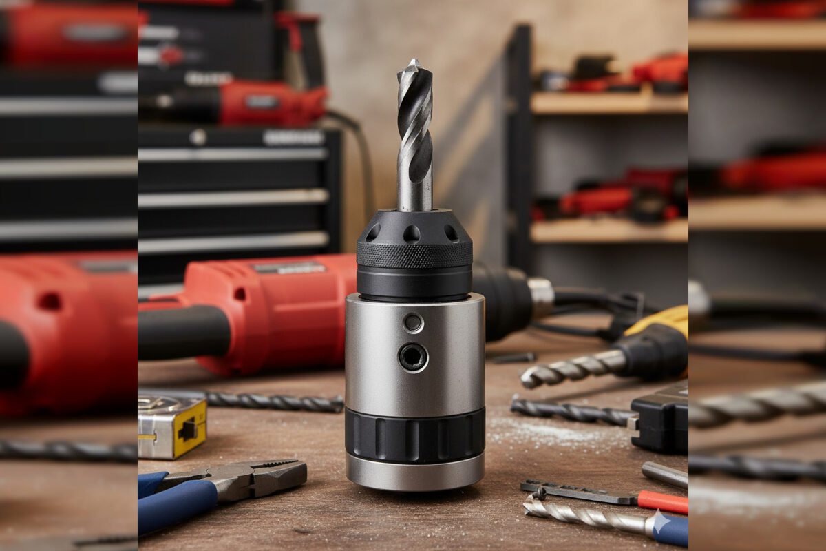 Крупное изображение патрона SDS-Plus на рабочем месте, показанного в реальных деталях и окруженного инструментами.