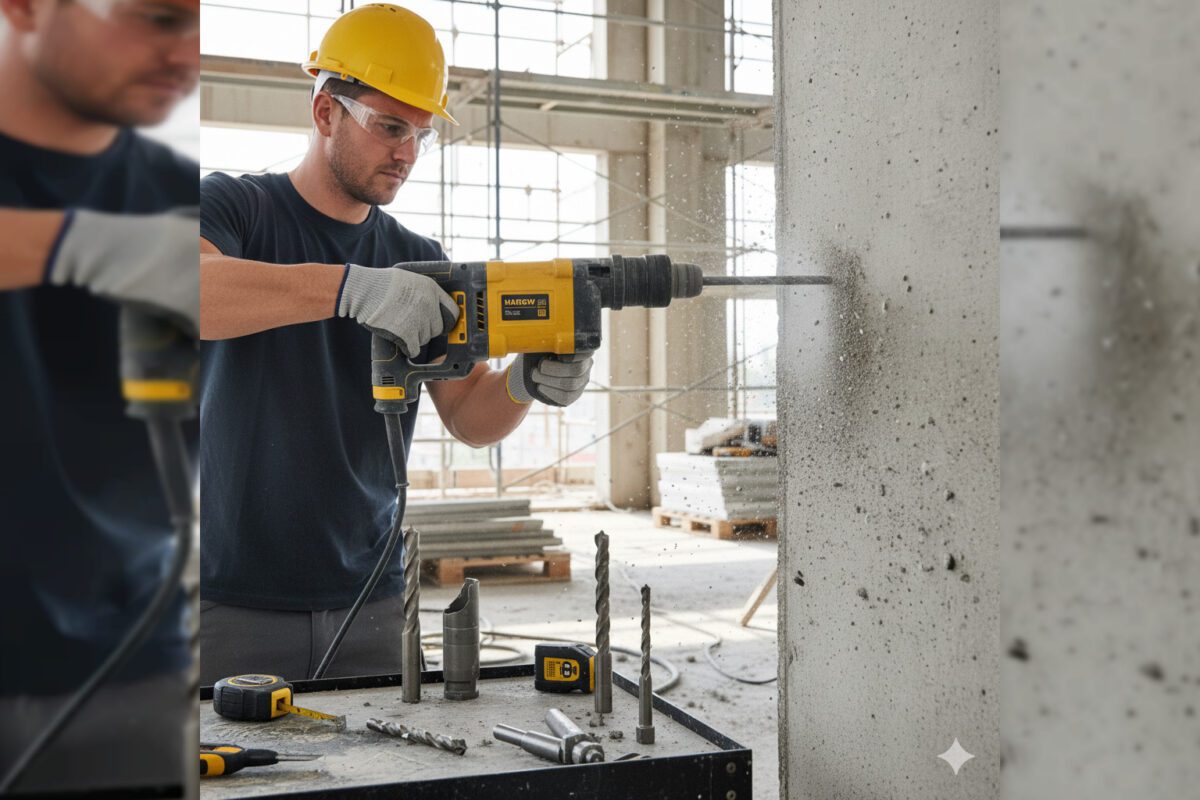 Перфоратор для бетона в работе — изображение Рабочий процесс использования перфоратора для сверления бетонной стены с деталями.