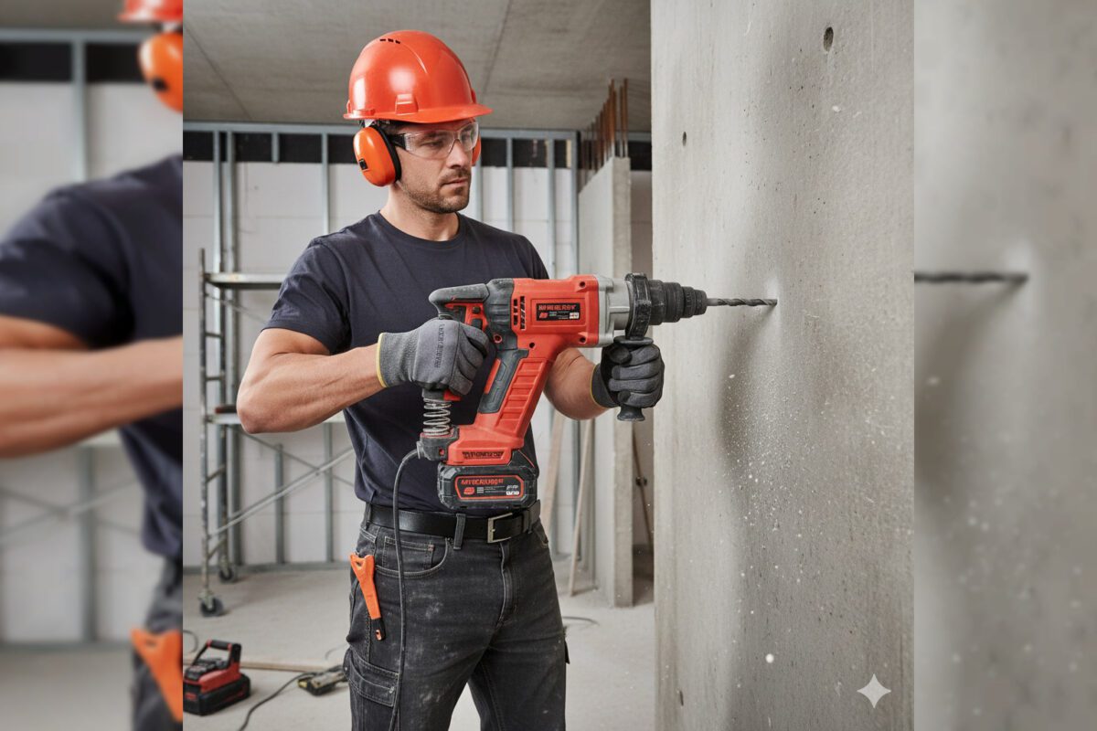 Перфоратор с антивибрацией в работе Мастер использует перфоратор с антивибрационной системой для сверления стены