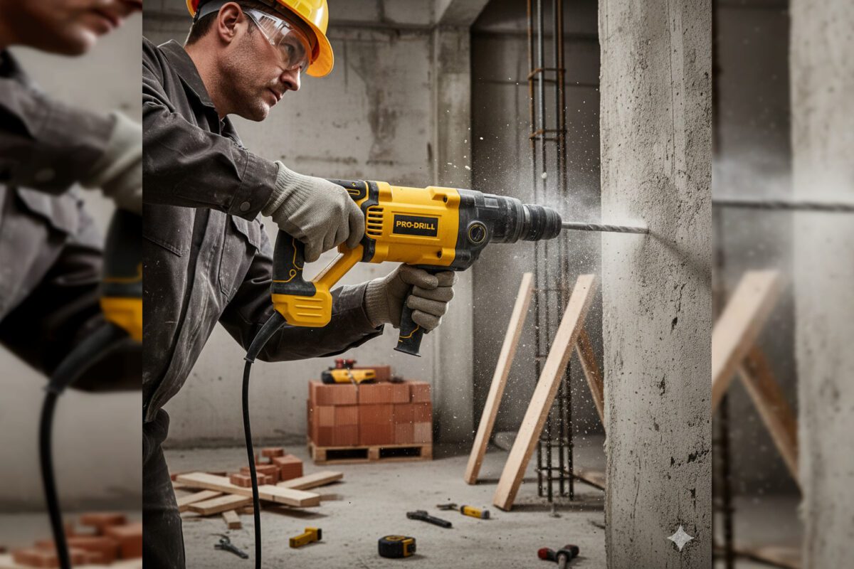 Изображение среднего перфоратора в использовании мастером при сверлении бетонной стены в ремонтной обстановке.